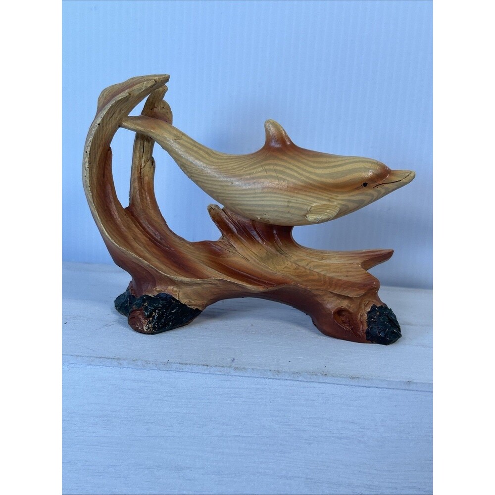 Beige & Brown Dolphin Faux Wood Sculpture Fish Water Diving Aquarium Aquatic